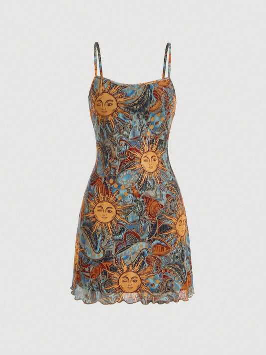 Robe d'été à fines bretelles avec visage de soleil